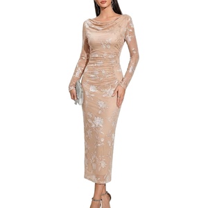 image:imageHomRain Womens Sparkly Mesh Maxi Summer Dress Long Sleeve Bodycon Dresses for Wedding Guest OutfitFloralchampagne