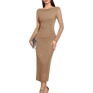 image:imageHomRain Womens Sparkly Mesh Maxi Summer Dress Long Sleeve Bodycon Dresses for Wedding Guest OutfitKhaki