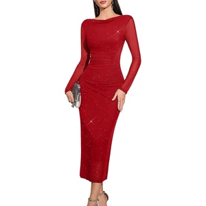 image:imageHomRain Womens Sparkly Mesh Maxi Summer Dress Long Sleeve Bodycon Dresses for Wedding Guest OutfitRed