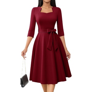 image:imageHomRain Womens Wedding Guest Dresses Elegant ALine Cocktail Formal Graduation Tea Party Modest Church DressBurgundy