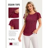 image:imageHomain Womens Summer Sequin Tops Sparkly Cocktail Wedding Guest Party Shirt Pull On Crew Neck Ruffle Sleeve BlousesBurgundy