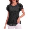 image:imageHomain Womens Summer Sequin Tops Sparkly Cocktail Wedding Guest Party Shirt Pull On Crew Neck Ruffle Sleeve BlousesBlack