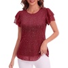 image:imageHomain Womens Summer Sequin Tops Sparkly Cocktail Wedding Guest Party Shirt Pull On Crew Neck Ruffle Sleeve BlousesBurgundy