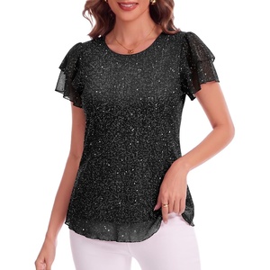 image:imageHomain Womens Summer Sequin Tops Sparkly Cocktail Wedding Guest Party Shirt Pull On Crew Neck Ruffle Sleeve BlousesBlack