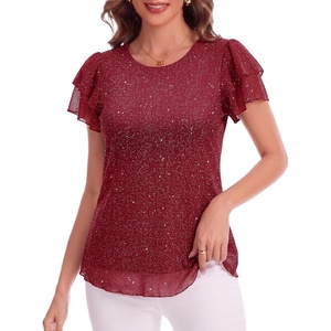 image:imageHomain Womens Summer Sequin Tops Sparkly Cocktail Wedding Guest Party Shirt Pull On Crew Neck Ruffle Sleeve BlousesBurgundy