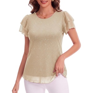 image:imageHomain Womens Summer Sequin Tops Sparkly Cocktail Wedding Guest Party Shirt Pull On Crew Neck Ruffle Sleeve BlousesChampagne
