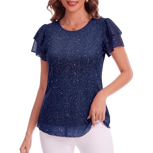 image:imageHomain Womens Summer Sequin Tops Sparkly Cocktail Wedding Guest Party Shirt Pull On Crew Neck Ruffle Sleeve BlousesNavy