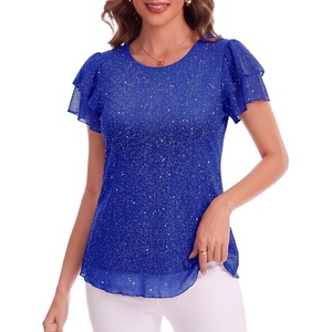image:imageHomain Womens Summer Sequin Tops Sparkly Cocktail Wedding Guest Party Shirt Pull On Crew Neck Ruffle Sleeve BlousesRoyalblue