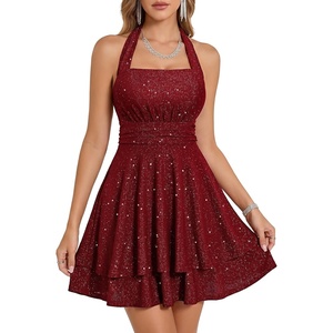 image:imageHomRain Sparkly Halter Cocktail Dresses Sequin A Line Short Party Dress for Homecoming with Layered Ruffle HemBurgundy