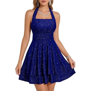 image:imageHomRain Sparkly Halter Cocktail Dresses Sequin A Line Short Party Dress for Homecoming with Layered Ruffle HemRoyalblue