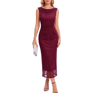 image:imageHomRain Bodycon Ruched Summer Wedding Guest Dresses for Women Sleeveless Midi Sparkly Mesh Dress Sexy Tight Cocktail DressBurgundy