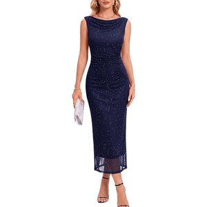 image:imageHomRain Bodycon Ruched Summer Wedding Guest Dresses for Women Sleeveless Midi Sparkly Mesh Dress Sexy Tight Cocktail DressNavy