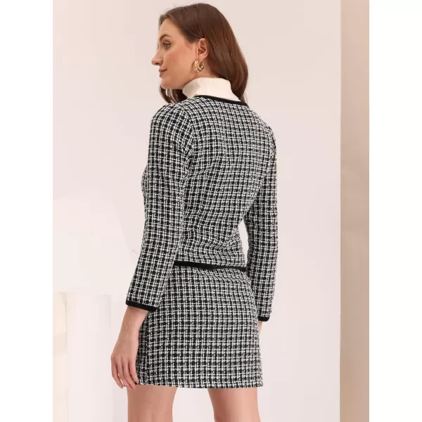 Allegra K Business Suit Set for Women's 2 Piece Outfits Plaid Tweed Short Blazer Jacket and Skirt Sets