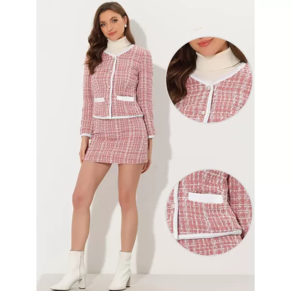 Allegra K Business Suit Set for Women's 2 Piece Outfits Plaid Tweed Short Blazer Jacket and Skirt Sets