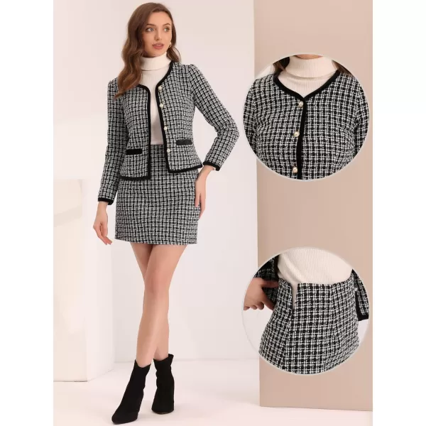 Allegra K Business Suit Set for Women's 2 Piece Outfits Plaid Tweed Short Blazer Jacket and Skirt Sets