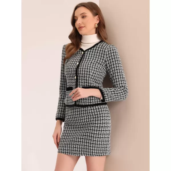 Allegra K Business Suit Set for Women's 2 Piece Outfits Plaid Tweed Short Blazer Jacket and Skirt Sets