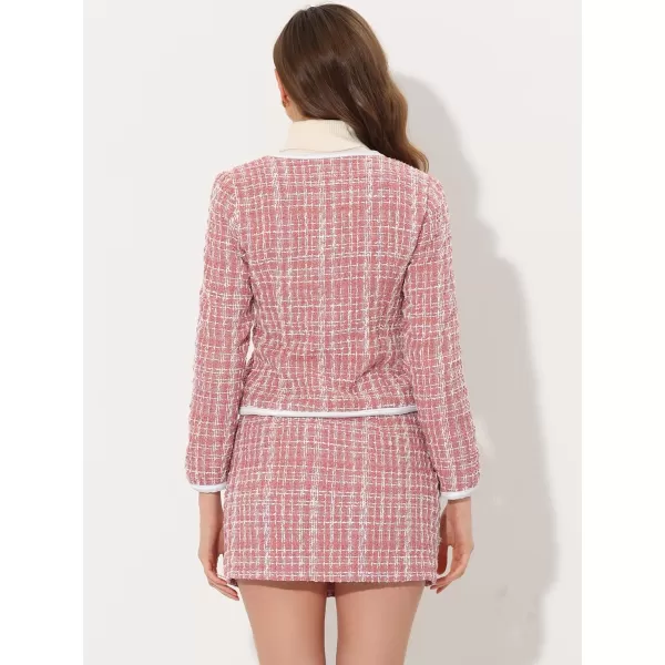 Allegra K Business Suit Set for Women's 2 Piece Outfits Plaid Tweed Short Blazer Jacket and Skirt Sets