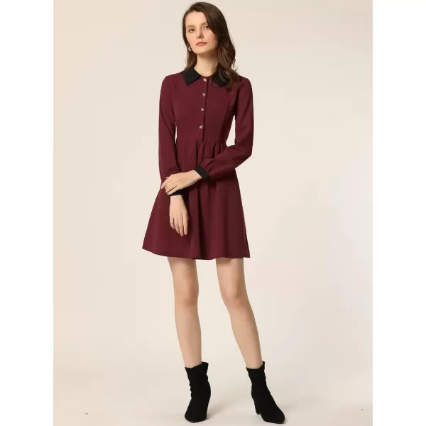 Allegra K Christmas Contrast Color Dress for Women's Collared Long Sleeve Halloween Party Flare Dresses