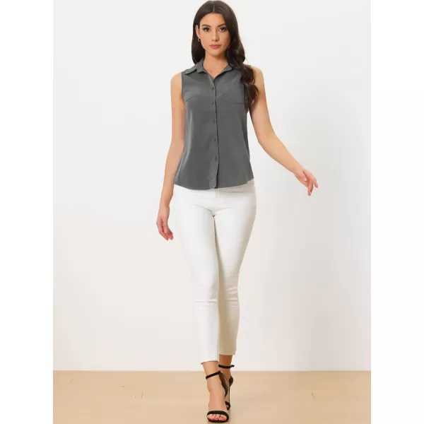 Allegra K Denim Button Down Shirt for Women's Sleeveless Lapel V Neck Chambray Tunic Top