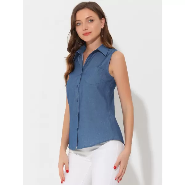 Allegra K Denim Button Down Shirt for Women's Sleeveless Lapel V Neck Chambray Tunic Top