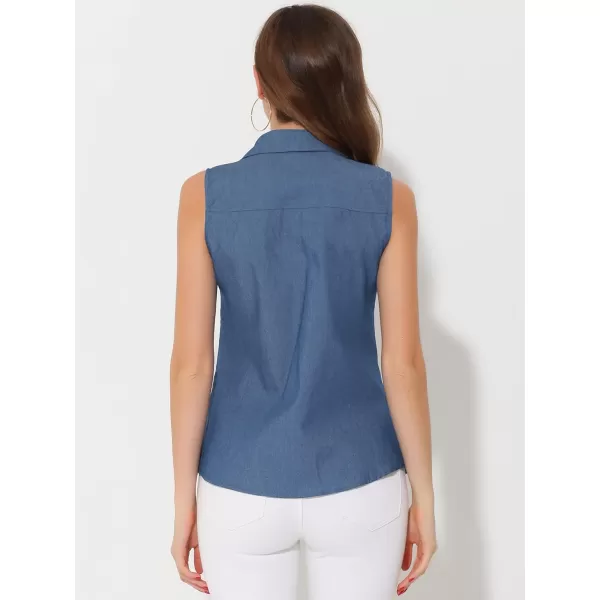 Allegra K Denim Button Down Shirt for Women's Sleeveless Lapel V Neck Chambray Tunic Top