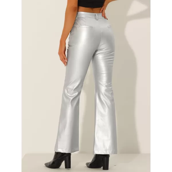 Allegra K Faux Leather Casual Pant for Women's High Waist Bell Bottom Flared Long PU Trouser