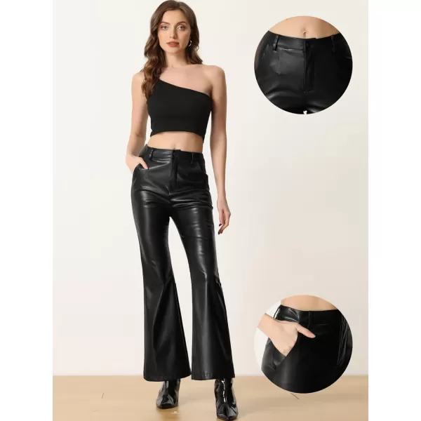 Allegra K Faux Leather Casual Pant for Women's High Waist Bell Bottom Flared Long PU Trouser