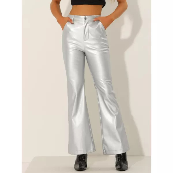 Allegra K Faux Leather Casual Pant for Women's High Waist Bell Bottom Flared Long PU Trouser