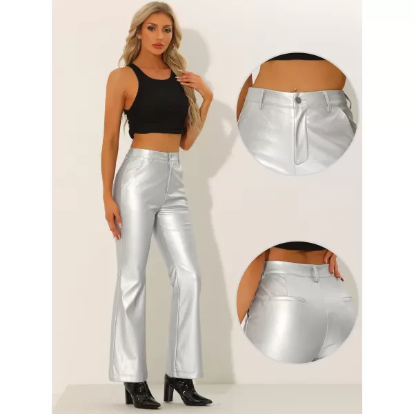 Allegra K Faux Leather Casual Pant for Women's High Waist Bell Bottom Flared Long PU Trouser