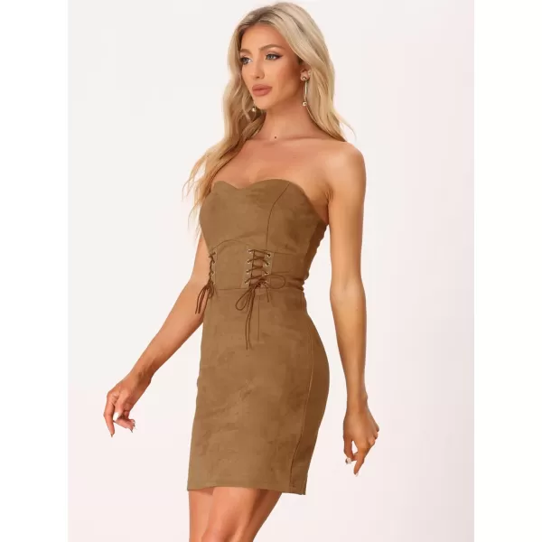 Allegra K Faux Suede Dresses for Women's High Waist Sweetheart Neck Lace-Up Strapless Mini Dress