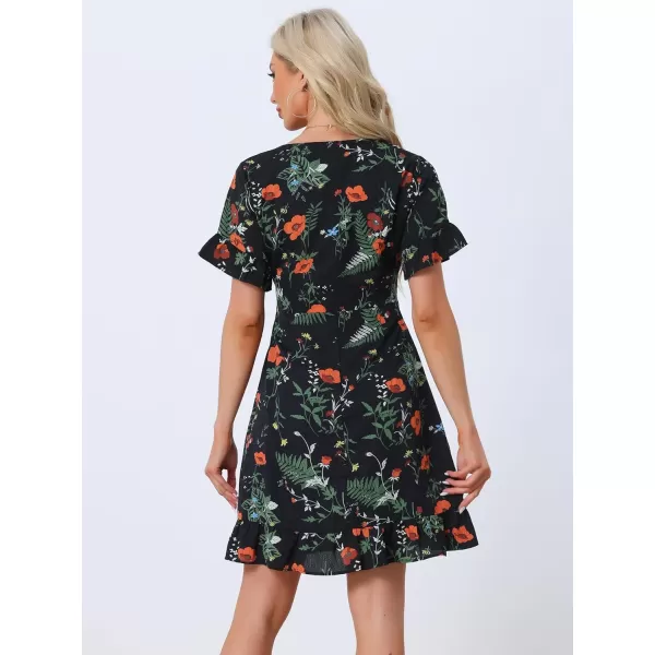 Allegra K Floral Print Chiffon Dress for Women's Summer Short Sleeve V Neck Lace Up Cinched Waist Dress