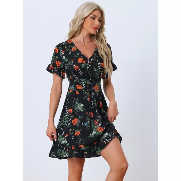 Allegra K Floral Print Chiffon Dress for Women's Summer Short Sleeve V Neck Lace Up Cinched Waist Dress