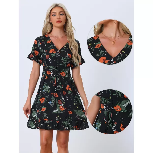 Allegra K Floral Print Chiffon Dress for Women's Summer Short Sleeve V Neck Lace Up Cinched Waist Dress