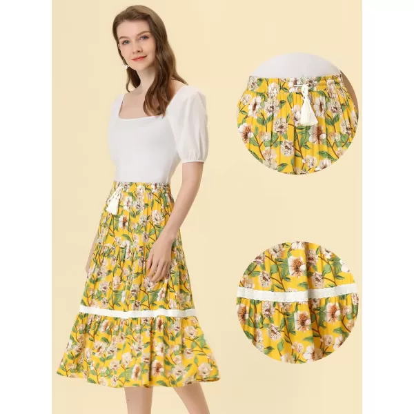 Allegra K Floral Skirt for Women's Tropical Lace Insert Elastic Drawstring Midi Tiered Vintage Skirts