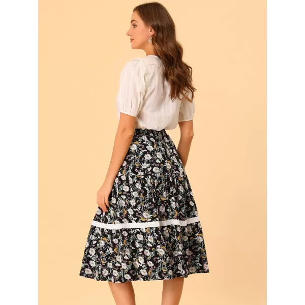 Allegra K Floral Skirt for Women's Tropical Lace Insert Elastic Drawstring Midi Tiered Vintage Skirts