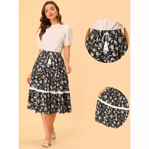 Allegra K Floral Skirt for Women's Tropical Lace Insert Elastic Drawstring Midi Tiered Vintage Skirts