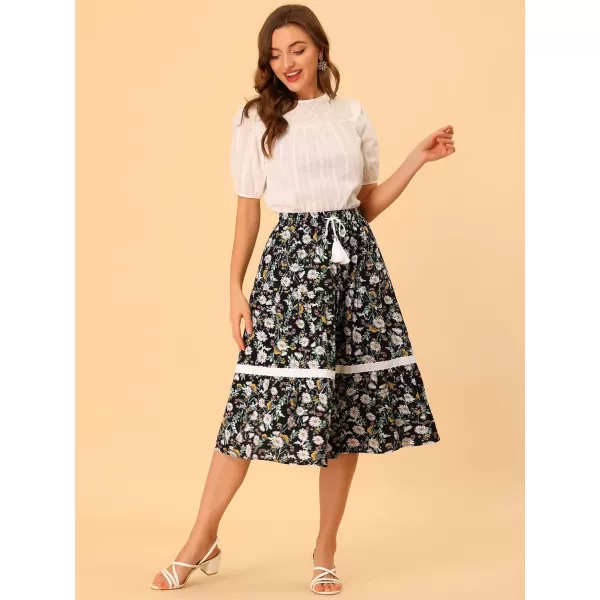 Allegra K Floral Skirt for Women's Tropical Lace Insert Elastic Drawstring Midi Tiered Vintage Skirts