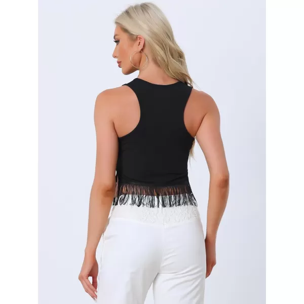 Allegra K Fringe Tank Top for Women's Casual Sleeveless Tassel Racerback Ribbed Knit Crop Tops