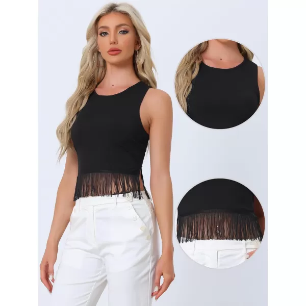 Allegra K Fringe Tank Top for Women's Casual Sleeveless Tassel Racerback Ribbed Knit Crop Tops