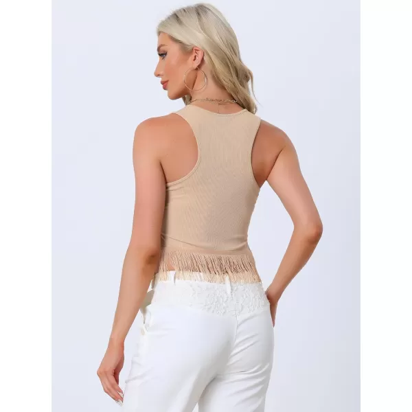 Allegra K Fringe Tank Top for Women's Casual Sleeveless Tassel Racerback Ribbed Knit Crop Tops