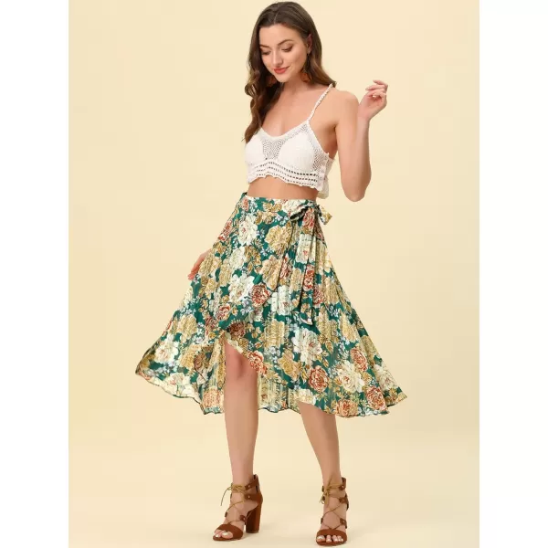 Allegra K Hawaiian Tropical Skirt for Women's Ruffle Pleated Hem Tie Wrap Glitter Floral Skirts