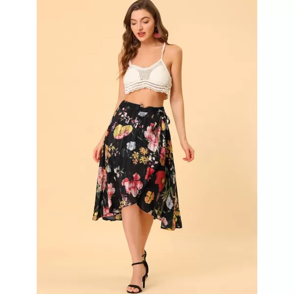 Allegra K Hawaiian Tropical Skirt for Women's Ruffle Pleated Hem Tie Wrap Glitter Floral Skirts