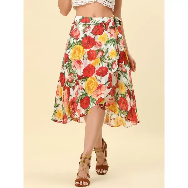 Allegra K Hawaiian Tropical Skirt for Women's Ruffle Pleated Hem Tie Wrap Glitter Floral Skirts