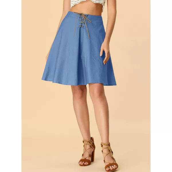 Allegra K Jean Skirt for Women's Knee Length Lace-Up Flared Denim Skirt