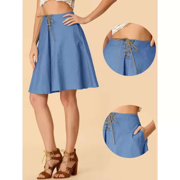 Allegra K Jean Skirt for Women's Knee Length Lace-Up Flared Denim Skirt