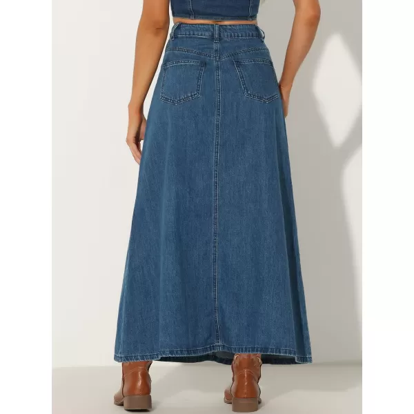 Allegra K Long Jean Skirts for Women's High Waisted Flap Pocket A-Line Vintage Denim Maxi Skirt