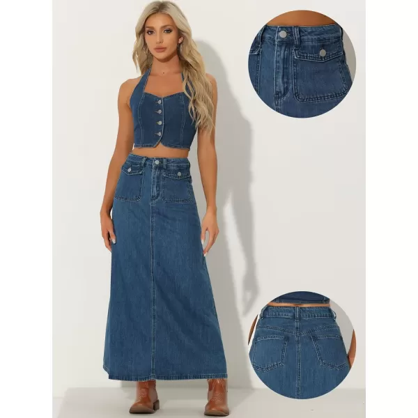 Allegra K Long Jean Skirts for Women's High Waisted Flap Pocket A-Line Vintage Denim Maxi Skirt