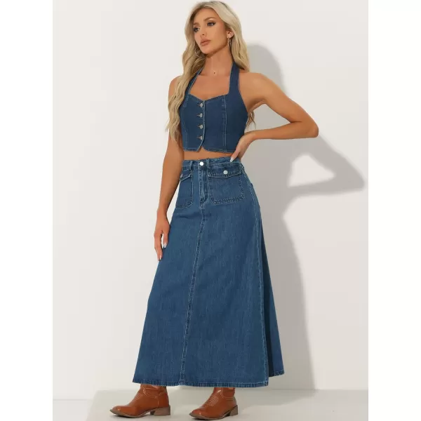 Allegra K Long Jean Skirts for Women's High Waisted Flap Pocket A-Line Vintage Denim Maxi Skirt