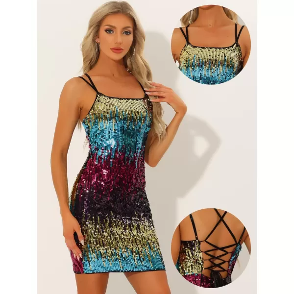 Allegra K Sequin Bodycon Mini Dress for Women's Spaghetti Straps Lace-up Party Club Sparkle Glitter Dress