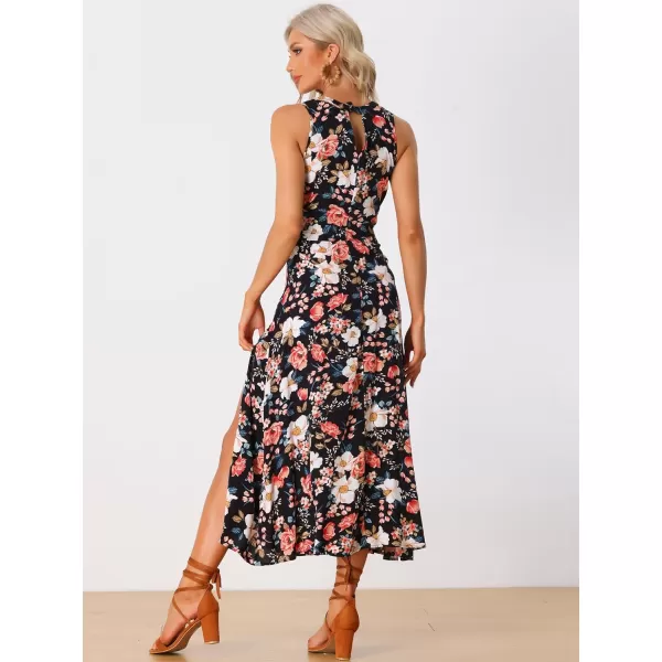 Allegra K Sleeveless Floral Dress for Women's Split Hem Keyhole Flowy Summer Boho Maxi Dress